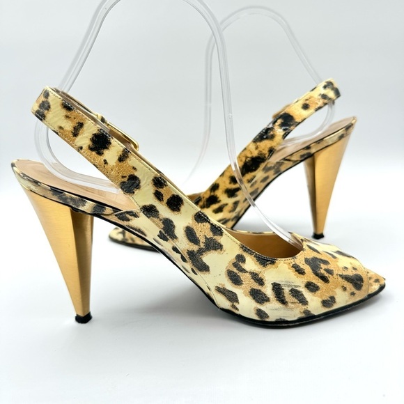 STUART WEITZMAN GOLD ANIMAL PRINTS SLING BACK HEELS OPEN TOE SHOE PATENT LEATHER - Picture 11 of 15